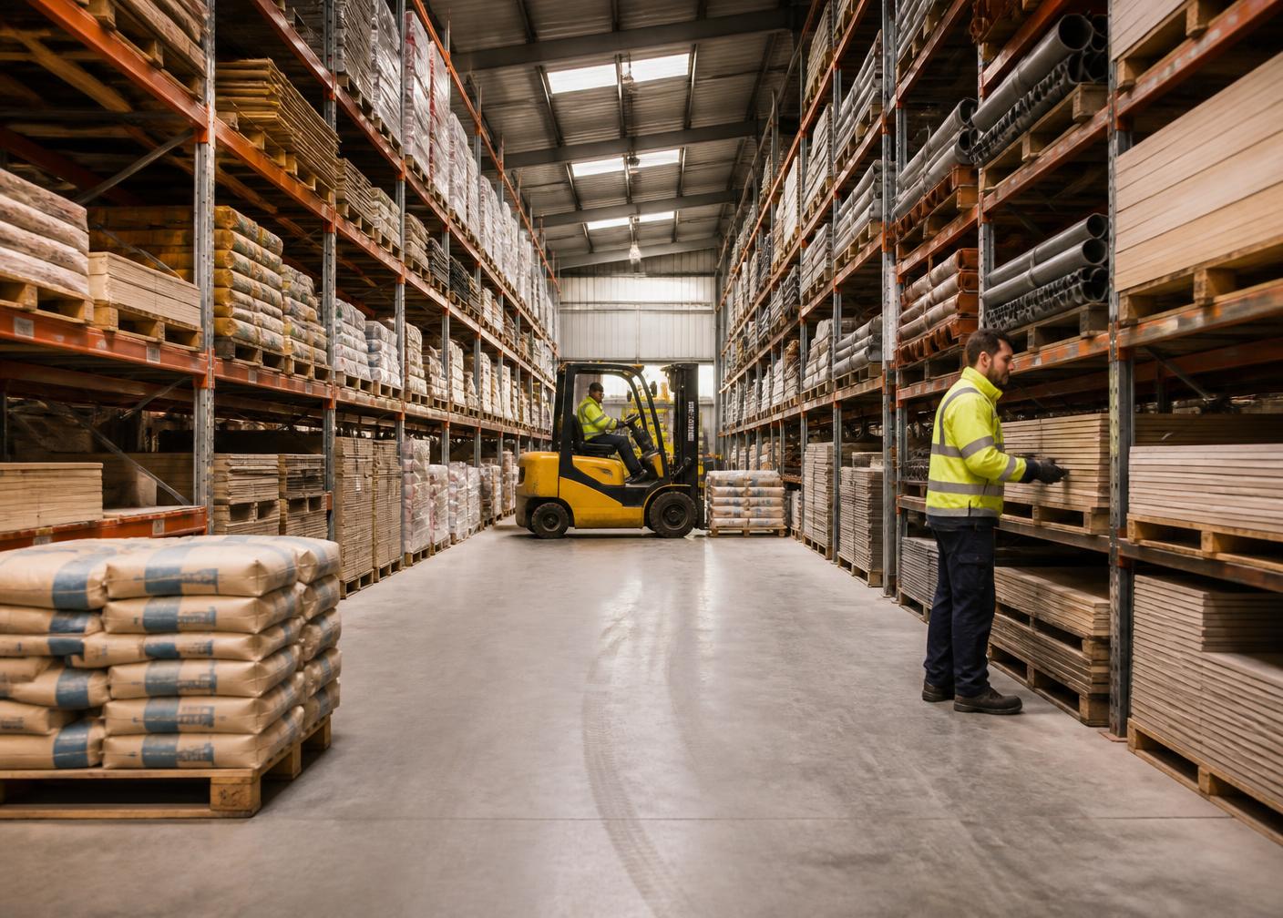Building materials warehouse with organised stock and forklift operations